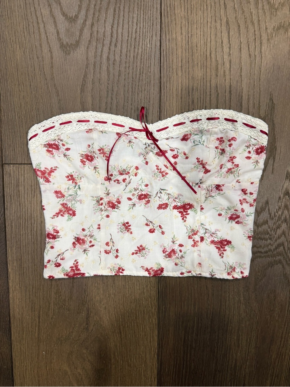 West of Melrose Floral Corset Strapless Crop Top Lace Trim Ribbon Bow